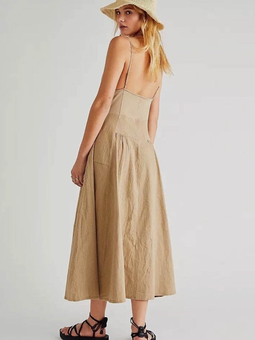 Free People Soledad Midi Dress | Small | Khaki | Cotton | A-Line Dress - Picture 6 of 15